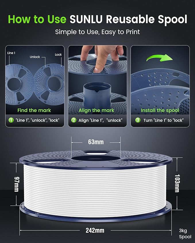 SUNLU Large Spool 3KG PETG Filament, 3D Printer Filament PETG 1.75mm, Less Stringing Good Layer Adhesion High Toughness, Big Roll Filament, 3kg Spool(6.6 lbs), White