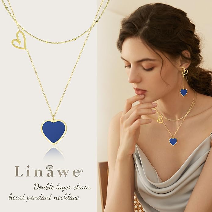 Linawe Layered Choker Heart Pendant Necklace for Women Trendy, Gold/Silver/Rose Gold Chain Stainless Steel Stacked Necklaces, Double Heart Necklace Y2K Preppy Jewelry