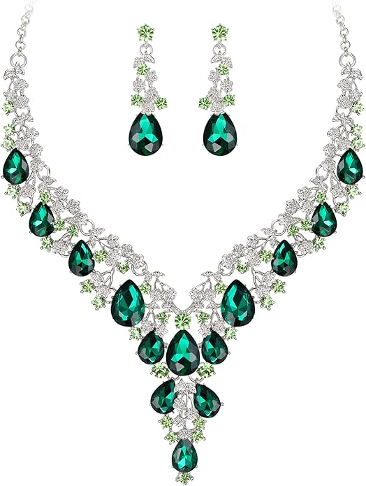 BriLove Women's Wedding Bridal Austrian Crystal Teardrop Flower Cluster Statement Necklace Dangle Earrings Jewelry Set for Party Prom