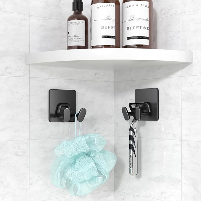 Adhesive Shower Hooks for Inside - Extra Sticky Stainless, Razor Holder Shower Accessories, Wall Mounted Self-Adhesive Double Hooks for Razor, Loofah, Towel, Shaver, Coat, Key, Matt Black, 4-Pack