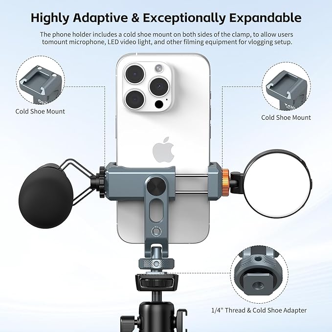 VRIG PH-18 Metal Phone Tripod Mount with Cold Shoe & 1/4"-20 Screw Holes, 360° Rotation Horizontal & Vertical Shooting, Adjustable Angle Smartphone Holder Tripod Adapter for iPhone, for Samsung