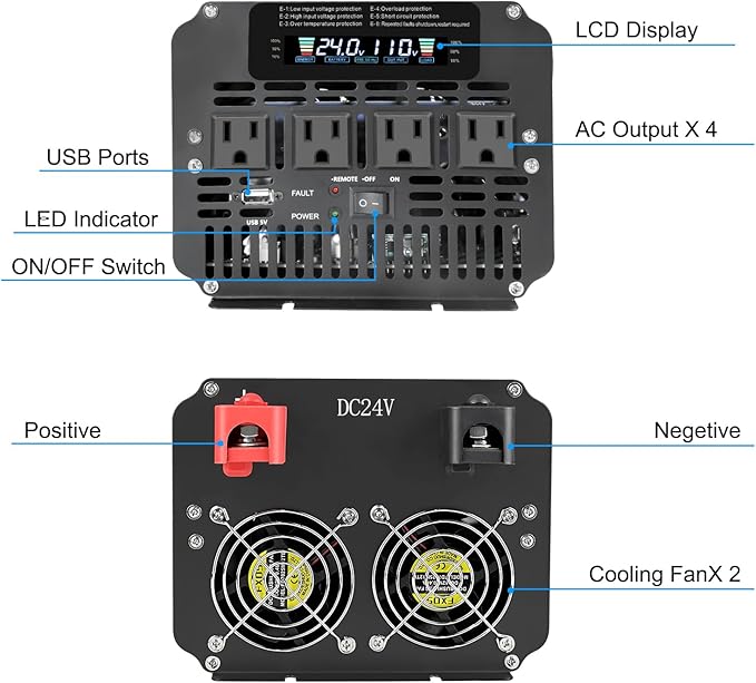 LVYUAN 4000 Watt Power Inverter 24V to 110V 120V for Vehicle, Solar Inverter System, Heavy Duty, RV, Truck, Off Grid,Camping with 4 AC Outlets, LCD Display, Wireless Remote Control, Car Power Inverter
