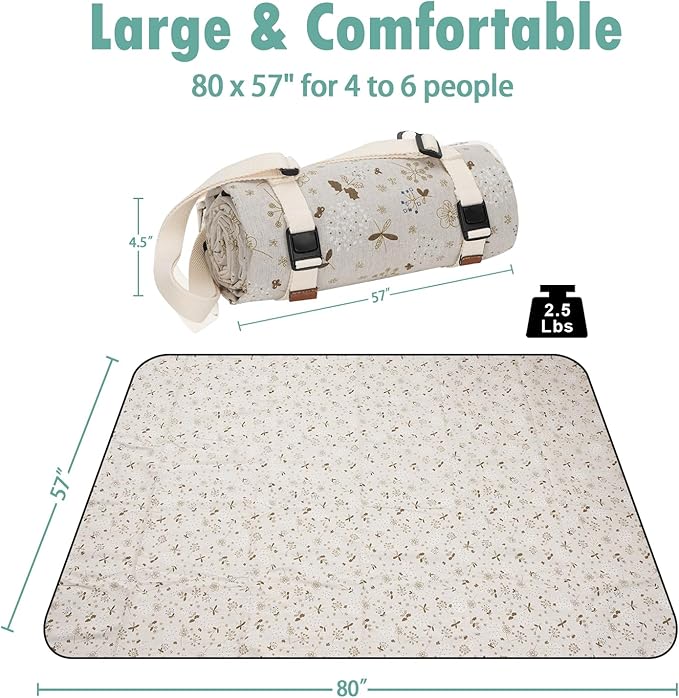 Large Picnic Blanket, Beach Mat Sand Free Washable, Waterproof Camping Emergency Blankets, Picnic Baskets Accessories with Waterproof Backing and Shoulder Strap - WhiteKapok