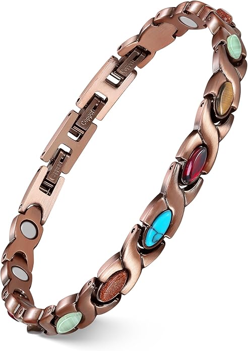 Feraco Pure Copper Bracelets for Women, Ultra Strength Magnetic Bracelet with 3800 Gauss Magnets & Natural Turquoise & Stones, Adjustable, Jewelry Gift