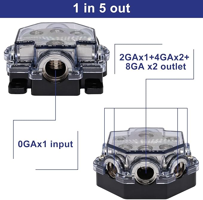 2pc Power Distribution Block Car Audio 1 in 5 Ways Out Car Audio Distributions Block 0 Gauge Input 2/4/8 Gauge Out Ground Cable Splitter Distribution Blocks for Automotive