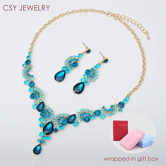 CSY Elegant Crystal Necklace Earrings Bracelet Ring Bridal Wedding Party Costume Jewelry Sets for Brides Women