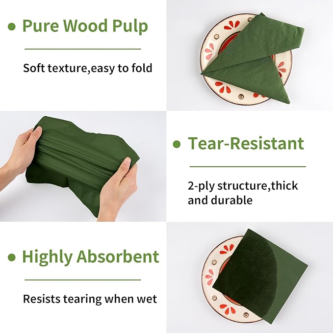 100 Pack Cocktail Napkins Disposable, 2-Ply 5" x 5" Party Napkins, Square Beverage Dinner Napkin for Wedding Birthday Party Anniversary Reception Bar Event (Dark Green)