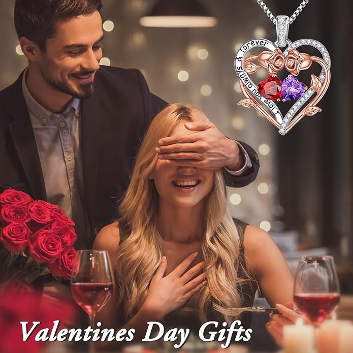 Iefil Valentines Gifts for Her Wife Women - Rose Heart Double Birthstone Necklace Gift for Wife Girlfriend Her Women, Birthstone Jewelry Gemstone Birthday Gifts for Mom Grandma Her