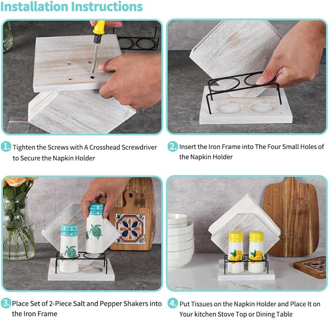 Rustic Farmhouse Napkin Holder Set - Natural Wood Kitchen Organizer with Turtle 2 Salt & Pepper Shakers for Countryside Dining & Minimalist Home Decor (Gift Ready)