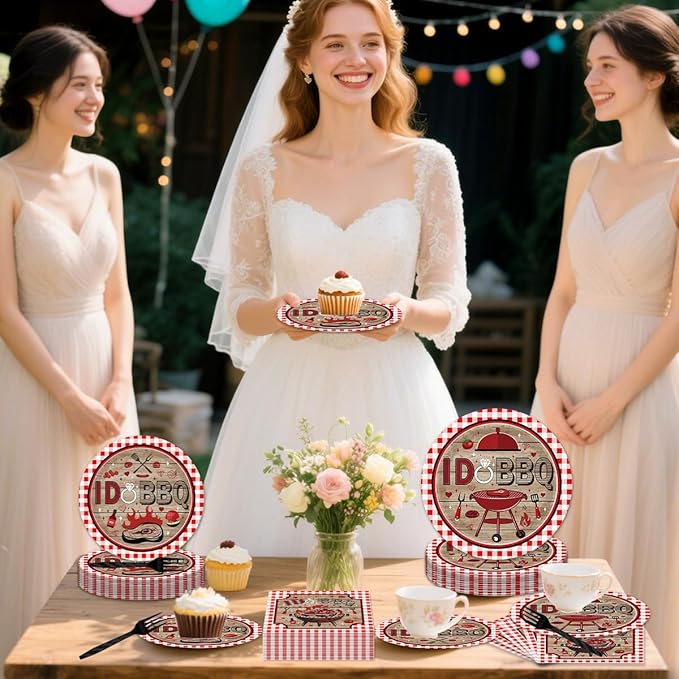 96PCS I DO BBQ Plates and Napkins Party Supplies BBQ Bridal Shower Decorations Bar B Q Wedding Engagement Barbecue Disposable Paper Tableware Set Serves 24 Guests