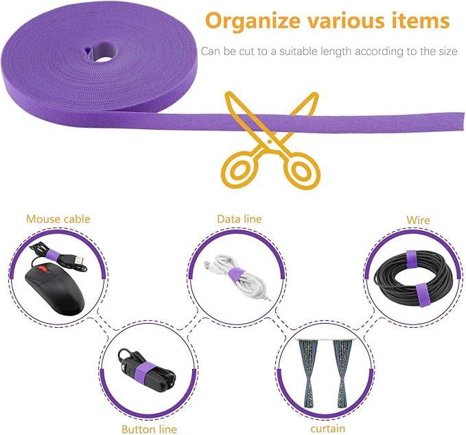 Reusable Fastening Tape Cable Ties 3/4 Inch Double Side Hook Roll (25 Yard, Purple)