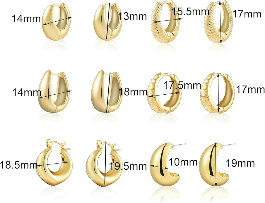 Wgoud 6 Pairs Gold Hoop Earrings Set for Women, 14K Gold Plated Hypoallergenic Lightweight Chunky Open Huggie Hoops Earrings Jewelry for Gifts.