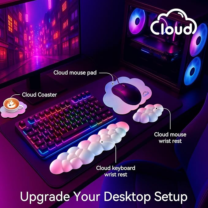 Cloud Wrist Rest for Computer Keyboard, 4-in-1 Memory Foam Leather Cloud Keyboard Wrist Rest and Mouse Pad Set with Ergonomic Support for Arm and Palm Cushion, Gaming/Work Setup, Black