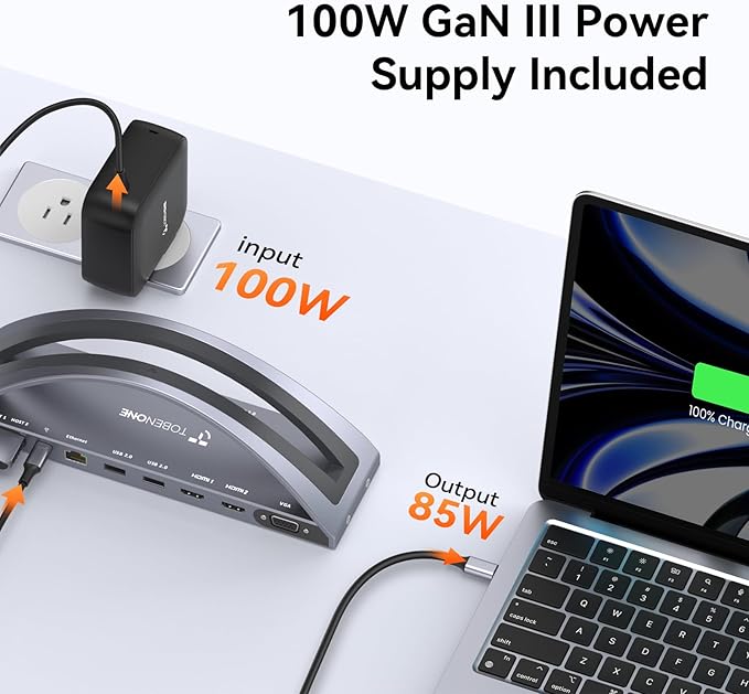 TobenONE MacBook Docking Station Dual Monitor 4K with 100W Power Adapter, 13-in-2 USB C Docking Station for MacBook Pro/Air, Laptop Dock Stand with 2 HDMI, VGA, 5 USB, PD 3.0, RJ45, SD/Micro SD, Audio