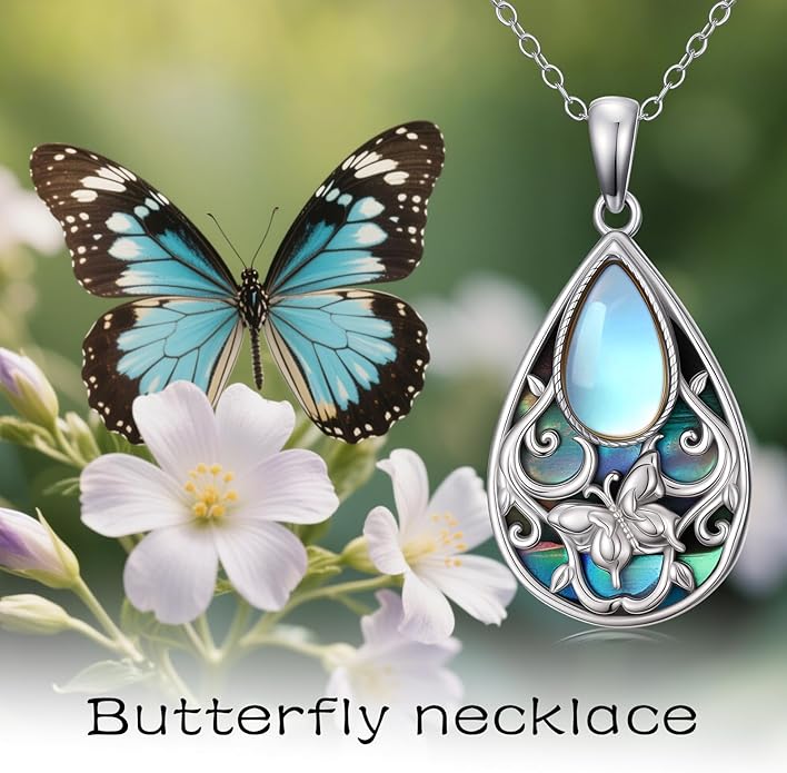 Black Onyx Necklace 925 Sterling Silver Flower Insect Pendant Teardrop Onyx Jewelry Valentines Day Birthday Gifts for Women