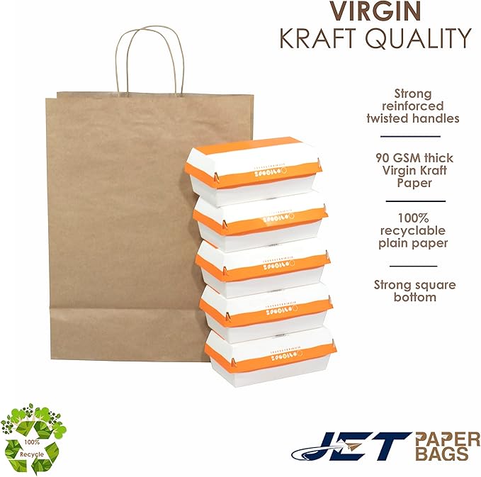 JET PAPER BAGS - 13”x7”x17” Inch [100 Pcs] Large Brown Paper Bags with Handles Prime for Takeout, Grocery, Goody, Retail, Party, Gifts, Weddings