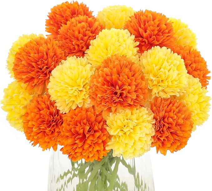 Kimura's Cabin 20Pcs Fake Silk Ball Flowers Artificial Chrysanthemum Faux Mums Bouquets Wedding Arrangements Halloween Thanksgiving Home Kitchens Table DIY Center Decoration (Orange Yellow)
