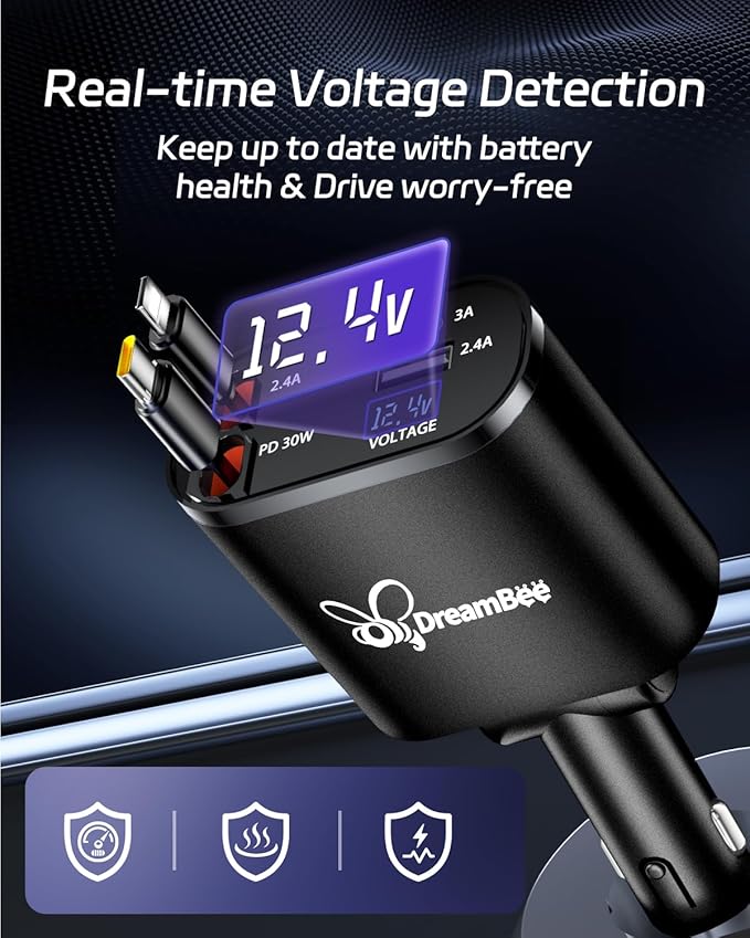 DreamBee Retractable Car Charger,66W 4 in 1 Super Fast Charge Car Phone Charger,Retractable Cables (31.5 inch) and 2 USB Ports Car Charger Adapter for iPhone 15/14/13/12 Pro Max XR,iPad,Samsung-Black