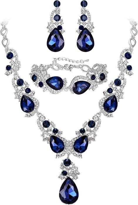 BriLove Wedding Bridal Jewelry for Women Multi Teardrop Cluster Crystal Statement Necklace Dangle Earrings Link Bracelet Set