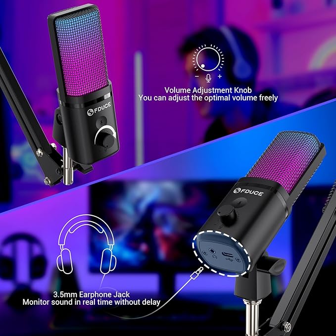 FDUCE Gaming USB Microphone, RGB Condenser mic with Mute, Gain, Monitoring, Boom Arm for Streaming, Podcast, Twitch, YouTube, PC, Computer, PS5, (M160+)