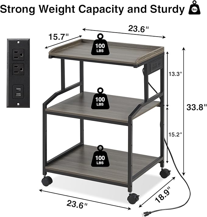 Lauren&Harold 34'' Printer Stand with Power Outlets & USB Ports, 3-Tier Adjustable Rolling Cart, Heavy Duty 150LBS Storage Table with Wheels for Office, Kitchen, Living Room, Grey/Black