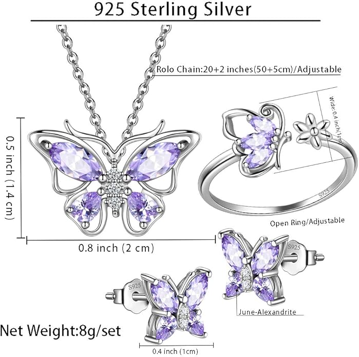 925 Sterling Silver Birthstone Butterfly Jewelry Women Crystal Animal Cute Butterflies Birthday Necklace/Earring/Ring/Bracelet Sets Birth Stone Statement Anniversary Jewellery