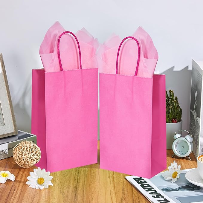 DjinnGlory 100 Pack Small Hot Pink Paper Gift Bags with Handles 9x5.5x3.15 Inch for Small Business, Weddings, Bridal Showers, Themed Birthday Party Goodies Favors
