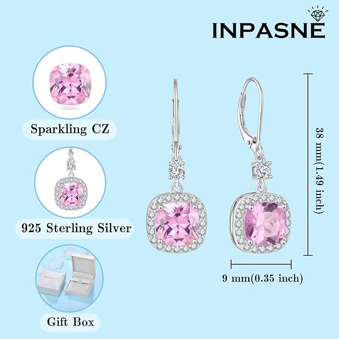 Princess Cut Jewelry Set 925 Sterling Silver Pink Tourmaline Earrings Dangle Drop Leverback October Birthstone Necklace and Bracelet Jewelry Gifts for Women