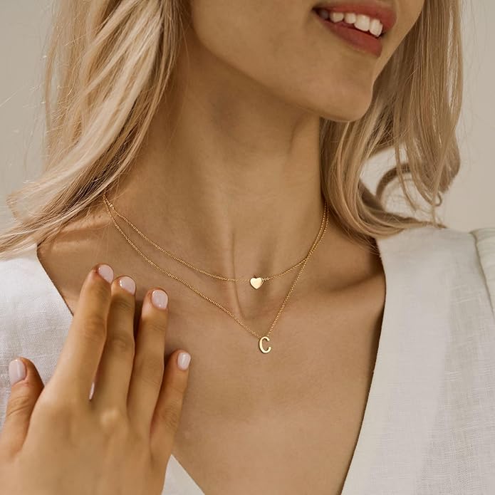 MOMOL 18K Gold Plated Stainless Steel Layered Heart Initial Necklace Personalized Tiny Letter Choker Necklace Monogram Name Necklace for Women