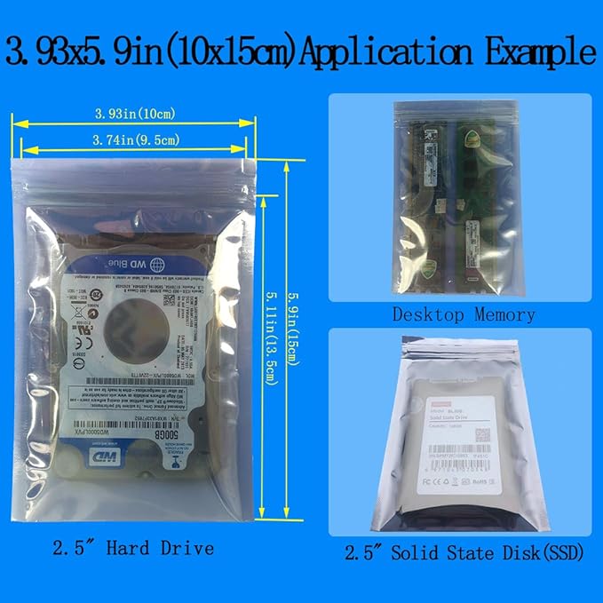 200pcs Anti Static Bags,ESD Bags 3.93X5.9in/10X15cm Resealable for SSD HDD with 200pcs Labels,Translucent Antistatic Bag for Varieties of Electronic Device