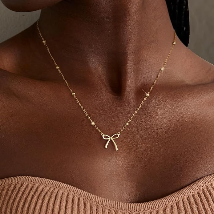 Valentines Day Gifts for Her - Dainty Bow Necklace for Women 14K Gold Plated Cute Choker Small Pendant Charm Necklaces Teen Gift Trendy Stuff Personalized Jewelry