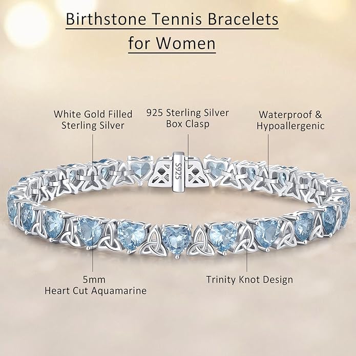 Birthstone Tennis Bracelets for Women, 925 Sterling Silver Heart Shaped Celtic Trinity Knot, 7 Inch Charm Trendy Hypoallergenic Anniversary Birthday Gifts for Her