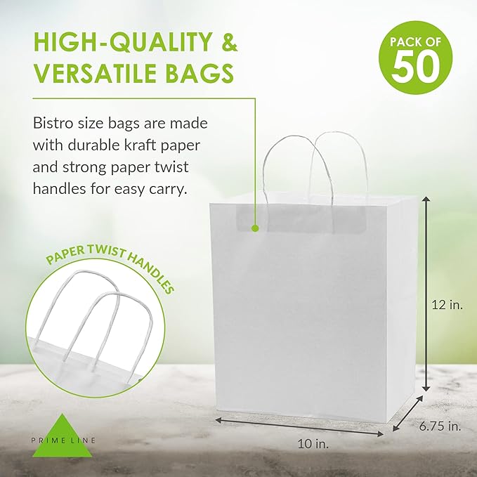 Prime Line Packaging White Paper Bags, Kraft Gift Bags with Handles for Small Business, Shopping, Take-out Goodies, Bistro, Boutique, Bulk, 10x6.75x12, 50 Pack