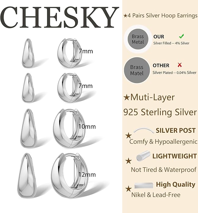 CHESKY 4 Pairs Small Huggie Hoop Earrings for Women - Chunky 14K Gold Plated/Silver Plated Lightweight Earring Stacks Cartilage Hoop Earrings Set for Multiple Piercing Trendy Jewelry