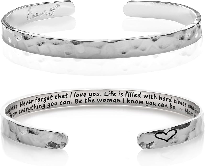 Carviell Engraved Cuff Bracelets for Women – Inspirational, Friendship, Love, Mom, Daughter, Sister, Christian, Graduation, Memorial & Wedding Gifts – 80+ Phrases – Stainless Steel, Gift-Ready