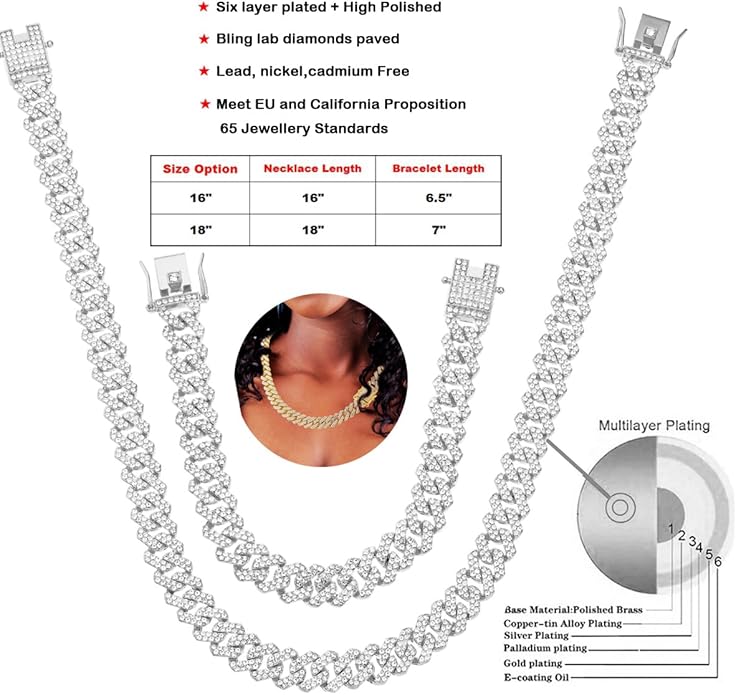HH BLING EMPIRE 14k Gold/Silver Cuban Link Chain for Women Iced Out Diamond Chunky Cuban Link Necklace Chain Bracelet 2pcs Sets