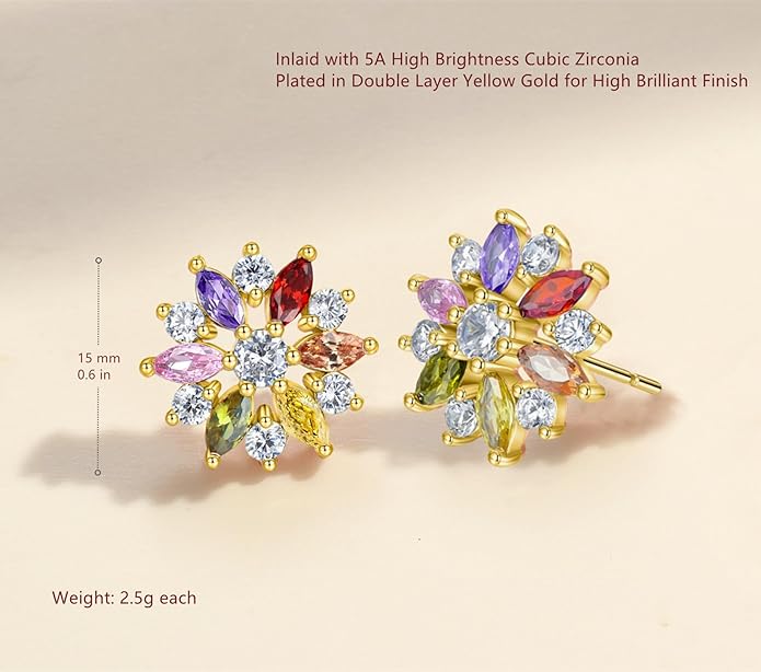 VONSSY Colorful Snowflake Pendant Necklace Earrings Rose Gold 5A Cubic Zirconia | Crystal Sweater Chain | Multi Gemstone Garnet Amethyst Morganite Peridot Prom Rhinestone Necklaces for Women Vintage Stylish Gift
