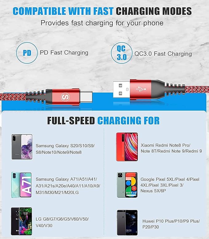 USB Type C Charger Cable [3Pack,10ft+6.6ft+3.3ft], Power Charging Cable for Kindle Fire HD 10 9th 2019 8 10th 2020 Paperwhite 11th 2021 Generation, Samsung Galaxy S21 S20 S10 A13 A33 A53