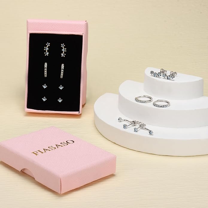 FIASASO 3 Pairs 925 Sterling Silver Hypoallergenic Earrings for Women Trendy - 14K Gold Plated Stud Hoop Cartilage Earrings Set Small Earring Stacks for Sensitive Ears Non Tarnish Dainty Silver Earring