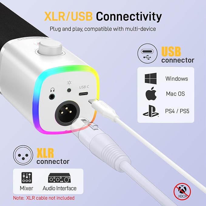 MAONO Dynamic Gaming Microphone: USB XLR Dynamic Computer Microphone with Software-RGB PC Mic for Gamer-Podcast Mic for Streaming Recording Studio YouTube Content Creation Online Chat PD100X (White)