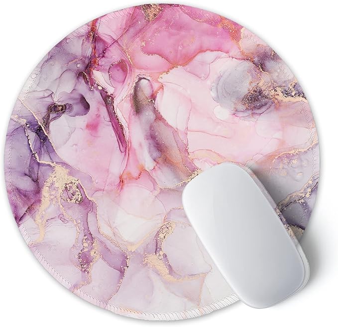 ITNRSIIET Round Mouse Pad with Stitched Edge Premium-Textured Waterproof Non-Slip Rubber Base Desktop Protection Mat Diameter 8.7 inches, Pink Abstract Marble
