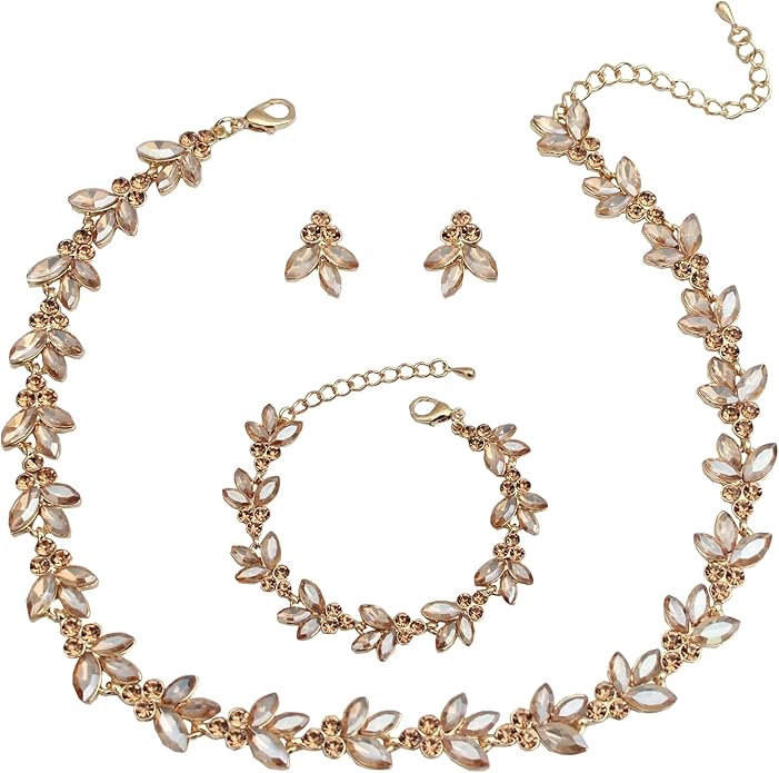 Bridal Wedding Crystal Leaf Choker Necklace Dangle Earring Bracelet Brides Bridesmaid Jewelry Set for Women
