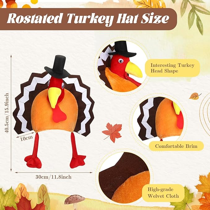 Hanaive 10 Pieces Thanksgiving Turkey Hats Bulk for Adults Turkey Costume for Dress-up Party Plush Turkey Hat Party Supplies