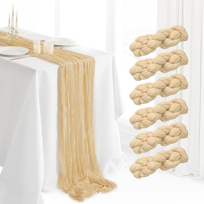 6 Pack Cheesecloth Table Runner 10Ft Boho Gauze Table Runner Cheese Cloth Long Rustic Sheer Table Runner for Wedding Bridal Baby Shower Birthday Party Cake Table Arbor Decorations (Beige)