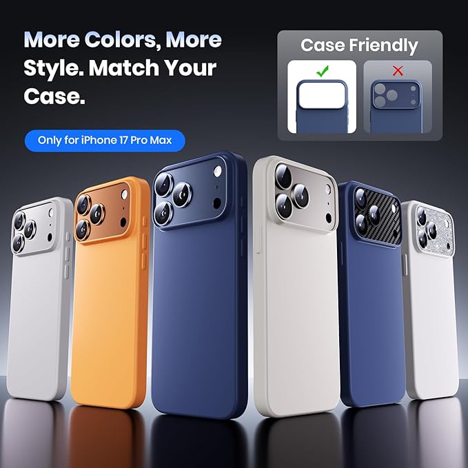 Hoerrye for iPhone 17 Pro Max Camera Lens Protector - [12FT Shatterproof Military Grade] [Strong Adsorption] 9H+ Tempered Glass Camera Screen Full Protective Cover Case Friendly,Deep Blue