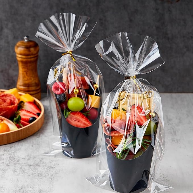 50 Sets 14 oz Charcuterie Cups with Sticks and Bags, Individual Black Paper Charcuterie Boxes Disposable Individual Appetizer Serving Cups (50 Cups + 200 Cocktail Picks + 50 Bags + 50 Ties)