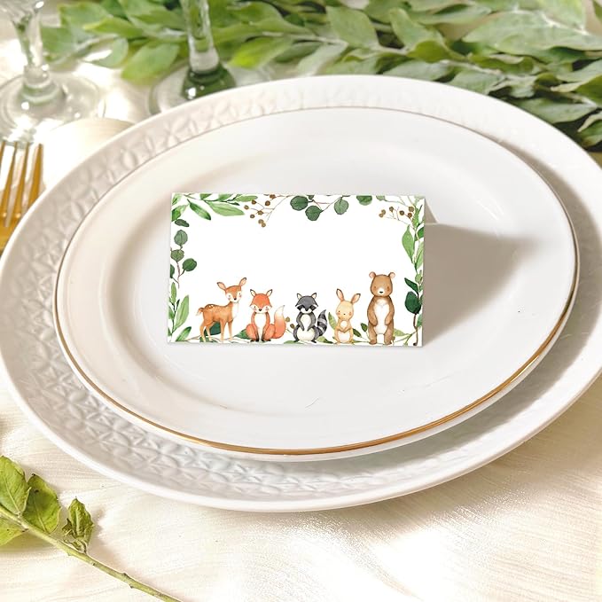 Whaline 100Pcs Woodland Animal Place Cards 2 x 3.5 Inch Forest Animal Tented Cards Baby Shower Seating Cards for Birthday Party Table Setting