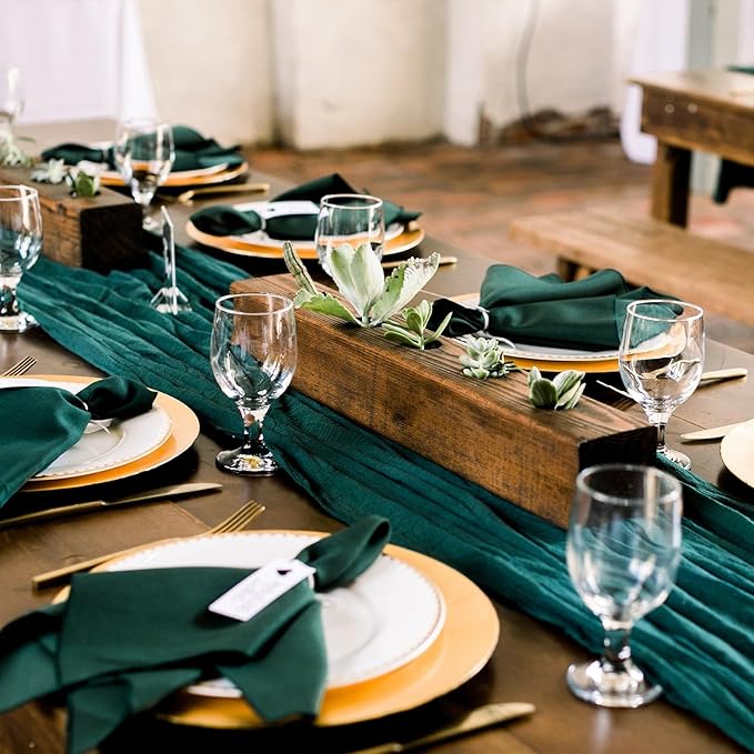 12 Pack Christmas Table Runner Emerald Green Cheesecloth Table Runner 10FT Boho Gauze Fabric 35 x 120 Inch Rustic Runner for Centerpiece Wedding Decor Baby Shower Party Table Decoration