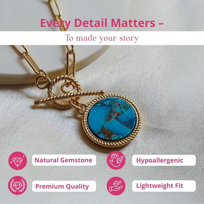 Gempires Gemstone Coin Front Toggle Pendant Necklace for Women with Gold Paperclip Chain, Natural Crystal Pendant with Toggle Clasp, Handcrafted Perfect Jewelry Gift for her