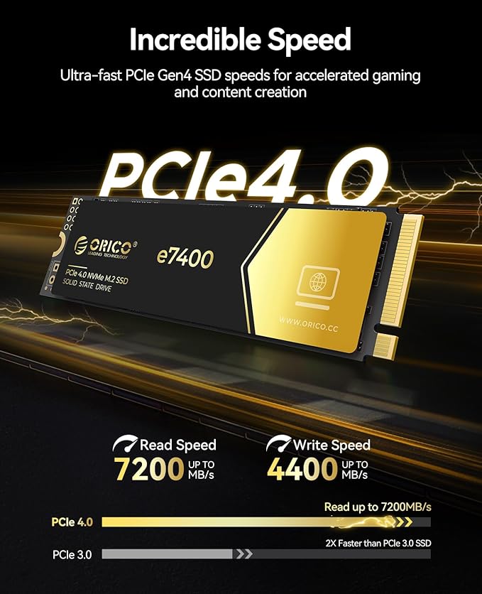 ORICO 512GB NVMe SSD PCIe 4.0- Up to 7200MB/s, M.2 2280 PCIe 4.0X4 Internal Solid State Drive, Fast Heat Dissipation, Compatible with macOS Windows for Gamers and Creators-e7400